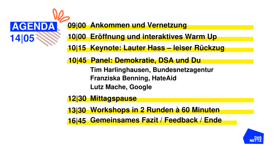 Programm des Community Events gegen Hass im Netz am 14. Mai 2024