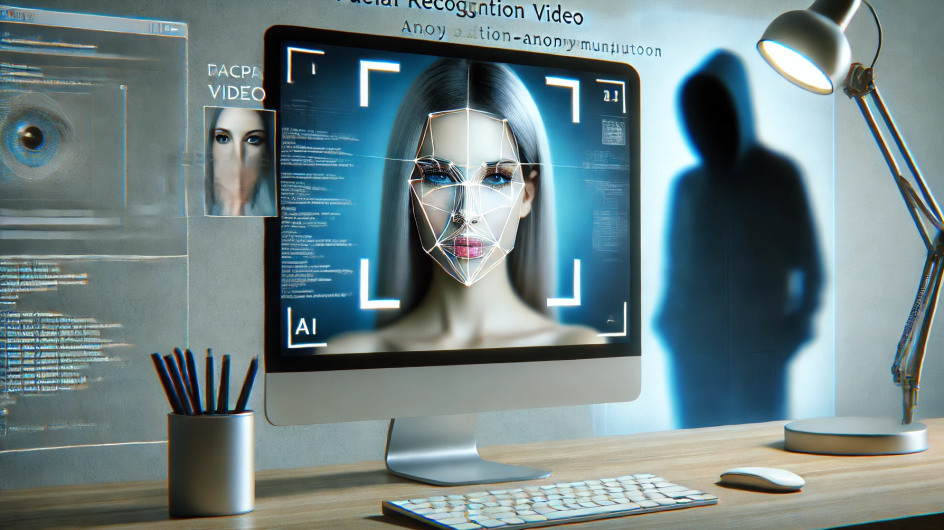Ein moderner, sauber gestalteter Bildschirm zeigt ein verschwommenes Deepfake-Video mit dem Gesicht einer Frau. Der Bildschirm enthält Gesichtserkennungsmarker und KI-Code-Schnipsel, die auf Manipulation hinweisen. Im Hintergrund ist eine schattenhafte Figur zu sehen, die die anonymen Täter darstellt. Die Farben sind in Blau, Weiß und Grau gehalten und betonen den geschlechtsspezifischen Aspekt des Problems.