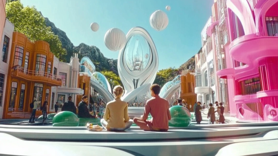 KI-generiertes Bild: Zwei Menschen sitzen an einem futuristischen Platz im Schneidersitz