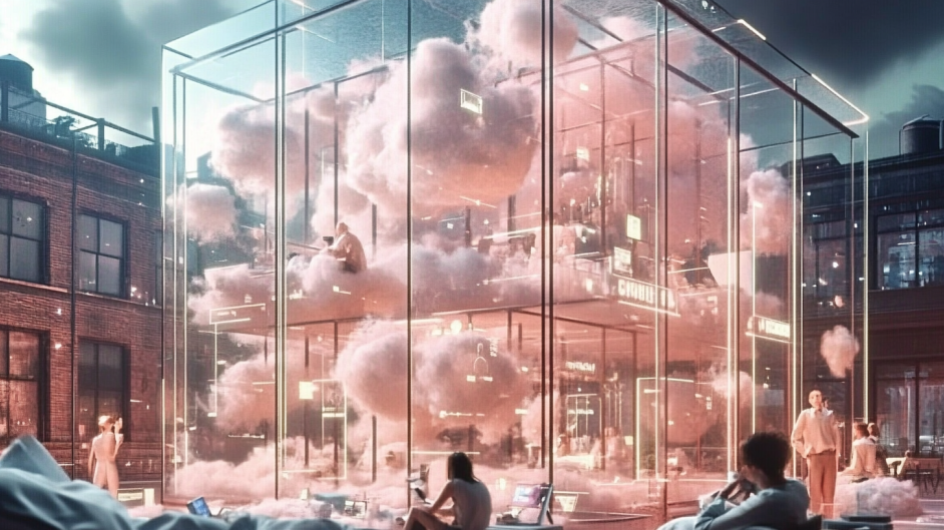 KI-generiertes Bild: Großes Gebäude aus Glas mit rosa Wolken innen und Menschen am arbeiten