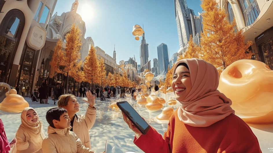 KI-generiertes Bild zu Fit For Reality: Eine Person mit Handy in der Hand lacht. Im Hintergrund sind futuristische Gebäude zu sehen